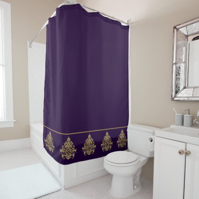 Rideaux De Douche Élégant violet royal avec damas doré (En situation)