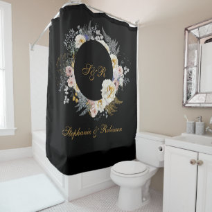 Rideaux De Douche Élégante Florale Or Sur Mariage Monogramme Noir