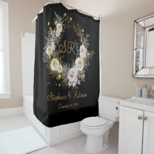 Rideaux De Douche Élégante Florale Or Sur Mariage Monogramme Noir