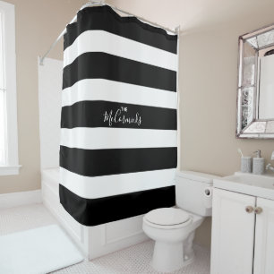 Rideaux De Douche Élégante lettre de main blanche noire Nom de fam