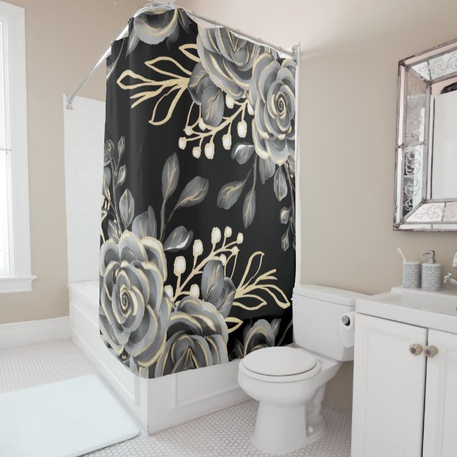 Rideaux De Douche Elégante Moody Grey Floral Gold Black Aquarelle (En situation)