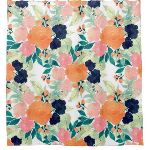 Rideaux De Douche Elégante peinture bleu rose et orange florale à