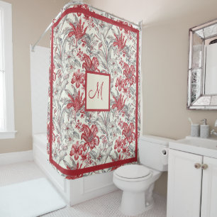 Rideaux De Douche Elégante toile Vintage de Jouy Gris et Rouge profo