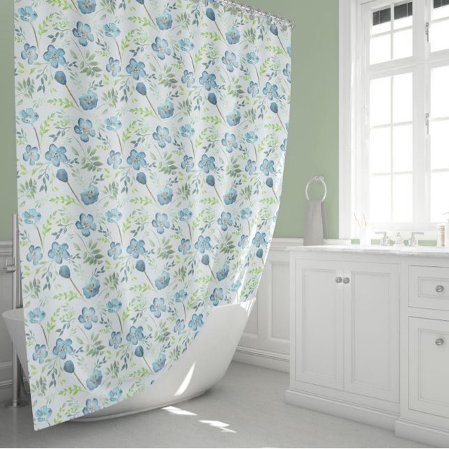 Rideaux De Douche Élégantes Fleurs bleues vertes (Elegant Blue Green Watercolor Flowers Shower Curtain from Studio Posies.)