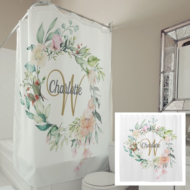 Rideaux De Douche Élégantes Roses Florales Monogramme Script Or (Roses Floral Elegant Gold Script Monogram Shower Curtain)