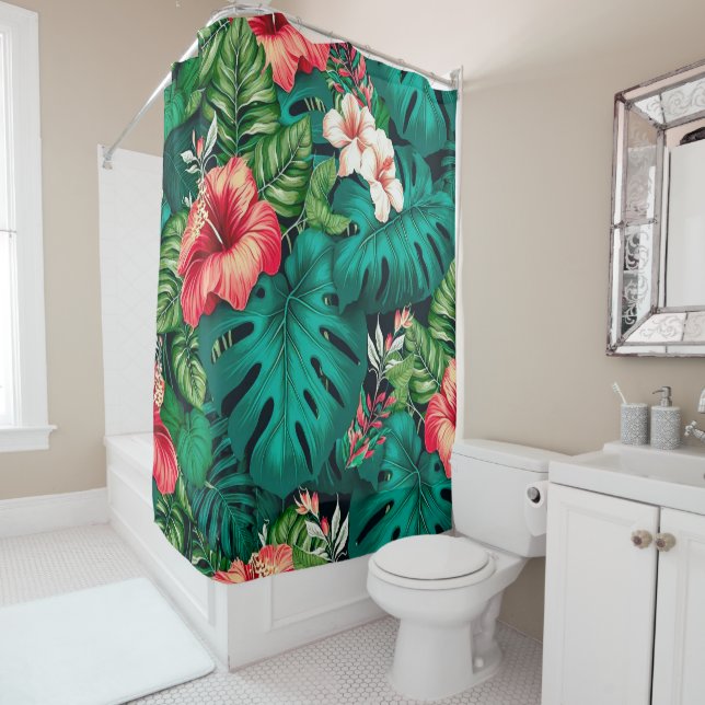 Rideaux De Douche Élégants Feuilles tropicaux et fleurs d'Hibiscus | (En situation)