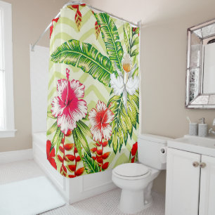 Rideaux De Douche Élégants Feuilles tropicaux et fleurs d'Hibiscus  
