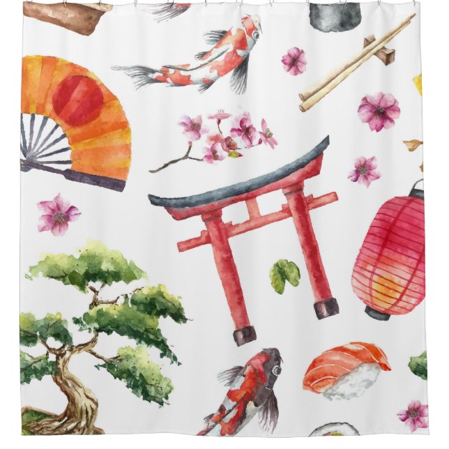 Rideaux De Douche Éléments japonais Aquarelle texture transparente (Devant)