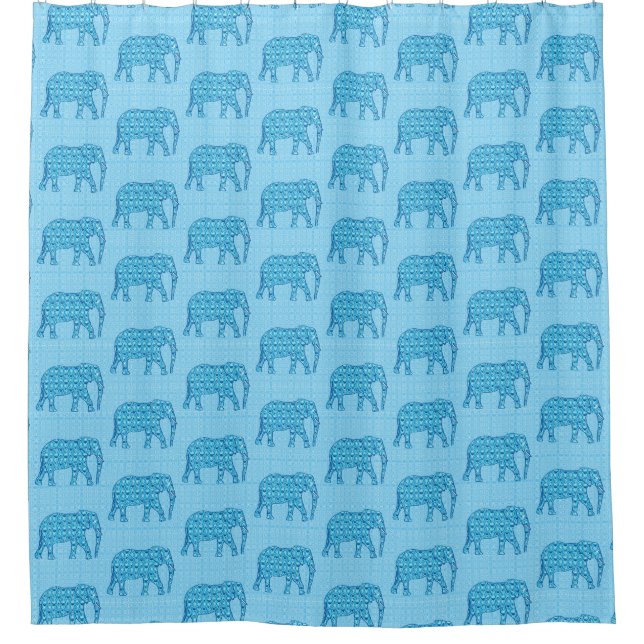 Rideaux De Douche Eléphant à fleurs de Lotus, Turquoise et Blanc (Devant)