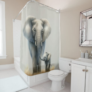 Rideaux De Douche Eléphant et bébé africain majestueux en aquarelle