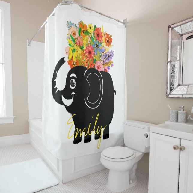Rideaux De Douche Éléphant et fleurs   (En situation)
