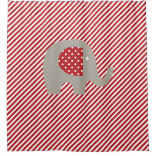 Rideaux De Douche Eléphant gris sur bande diagonale rouge et blanche