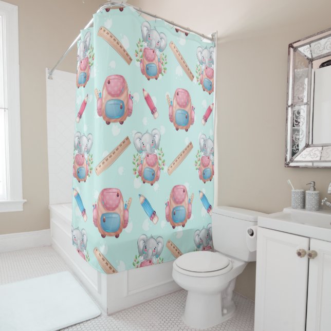 Rideaux De Douche Éléphant motif de rentrée scolaire (En situation)