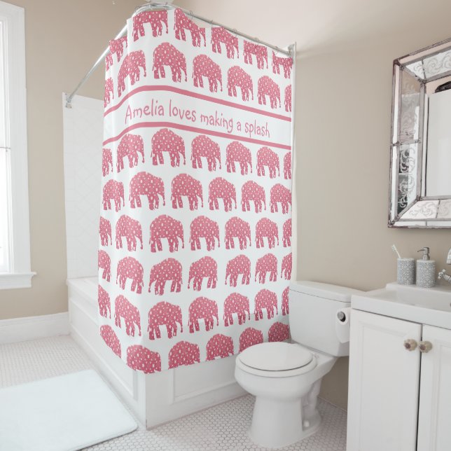 Rideaux De Douche Éléphant Rose Personnalisé  (En situation)