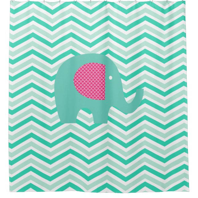Rideaux De Douche Eléphant turquoise sur Chevron de Turquoise, Menth (Devant)
