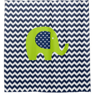 Rideaux De Douche Eléphant vert de chaux sur Navy et Chevron blanc
