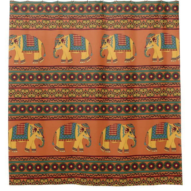 Rideaux De Douche Eléphants Indiens, Orange Traditionnel Sans Seamle (Devant)