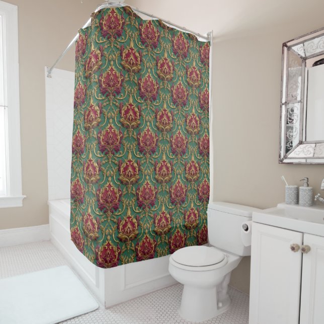 Rideaux De Douche Emerald Burgundy Baroque Damask (En situation)