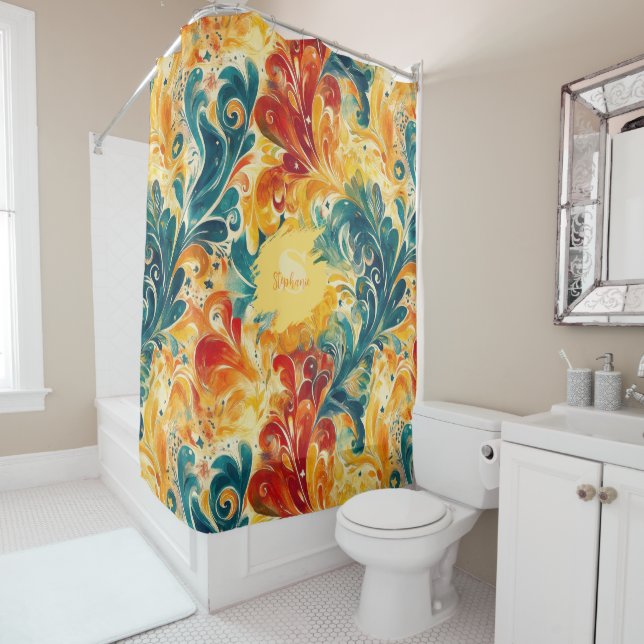 Rideaux De Douche Emerald Green & Gold Abstrait Paisley Feuilles (3) (En situation)