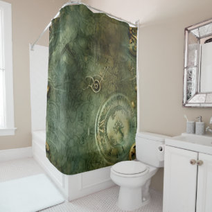 Rideaux De Douche Émeraude Green Rustic Steampunk Horloge (5)