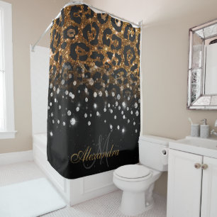 Rideaux De Douche Empreinte de léopard d'étincelle noir et or