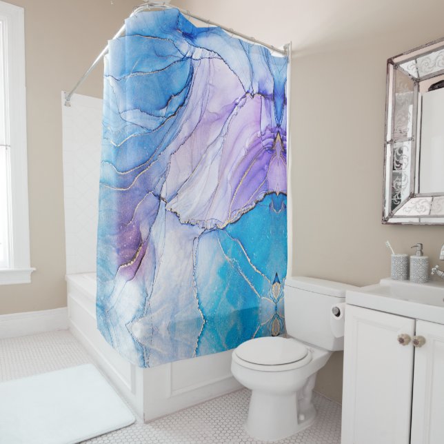 Rideaux De Douche Encre d'alcool marbrée bleu et violet moderne (En situation)