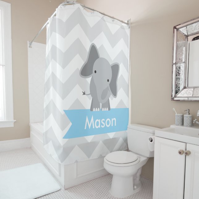 Rideaux De Douche Enfants bleus gris d'éléphant de Chevron (En situation)