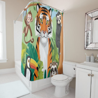 Rideaux De Douche Enfants mignons Animaux Jungle Tigre Singe Oiseau