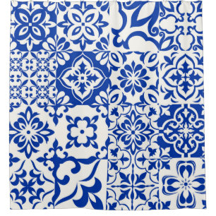 Rideaux De Douche Ensemble de 16 azulejos en bleu, blanc. Original