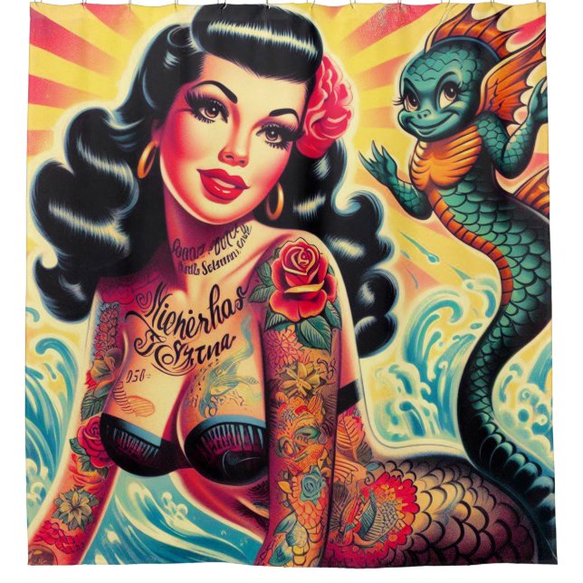 Rideaux De Douche Épingle de sirène tatouée (Devant)