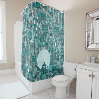 Rideaux De Douche espace ville mono turquoise