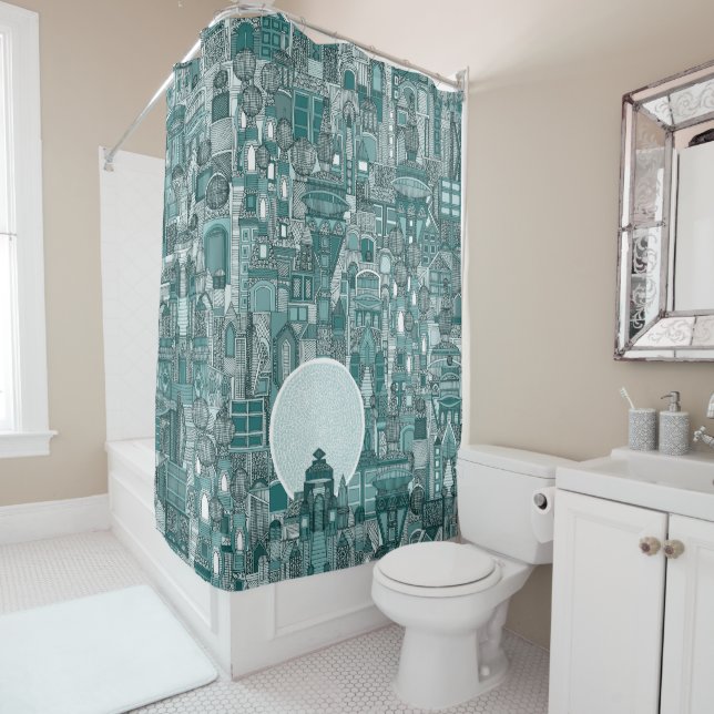 Rideaux De Douche espace ville mono turquoise (En situation)