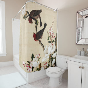 Rideaux De Douche Estampe d'art vintage Magnolia blanc et oiseaux