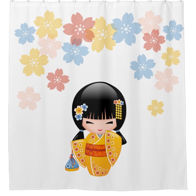 Rideaux De Douche Été Kokeshi Poupée Jaune Kimono Geisha Girl (Devant)