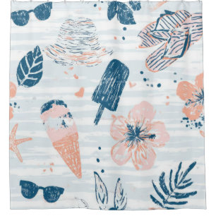 Rideaux De Douche Été Plage Tropical Bleu Corail Rayé