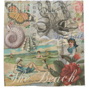 Rideaux De Douche été plage vintage pieuvre antique voile