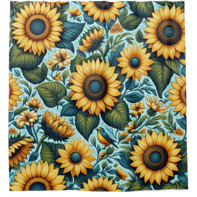 Rideaux De Douche Été/tournesol/oiseau (Devant)
