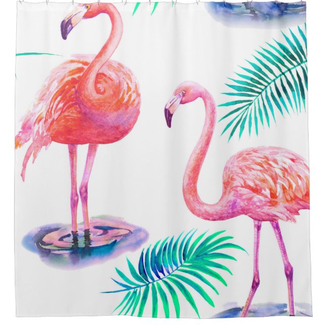 Rideaux De Douche Été tropical avec flamants roses feuilles de palmi (Devant)