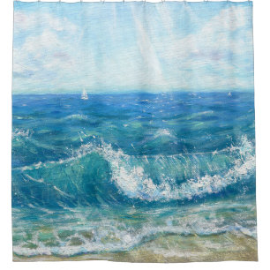 Rideaux De Douche Eté, vagues bleues, peinture acrylique.