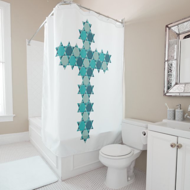 Rideaux De Douche Étoile de David Star Cross Blue Illusion optique (En situation)