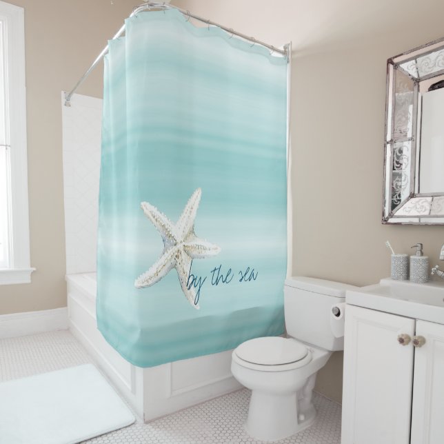Rideaux De Douche Étoile de mer bleu aqua blanc       (En situation)