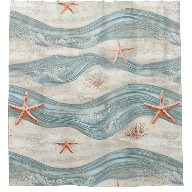 Rideaux De Douche Étoile de mer côtière sur motif de vagues de sable (Devant)