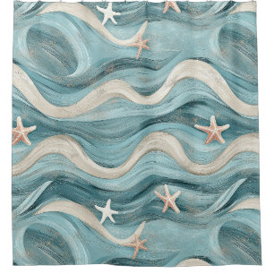 Rideaux De Douche Étoile de mer côtière sur motif de vagues de sable