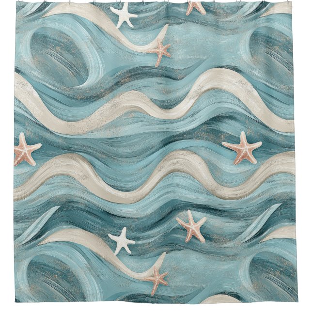 Rideaux De Douche Étoile de mer côtière sur motif de vagues de sable (Devant)