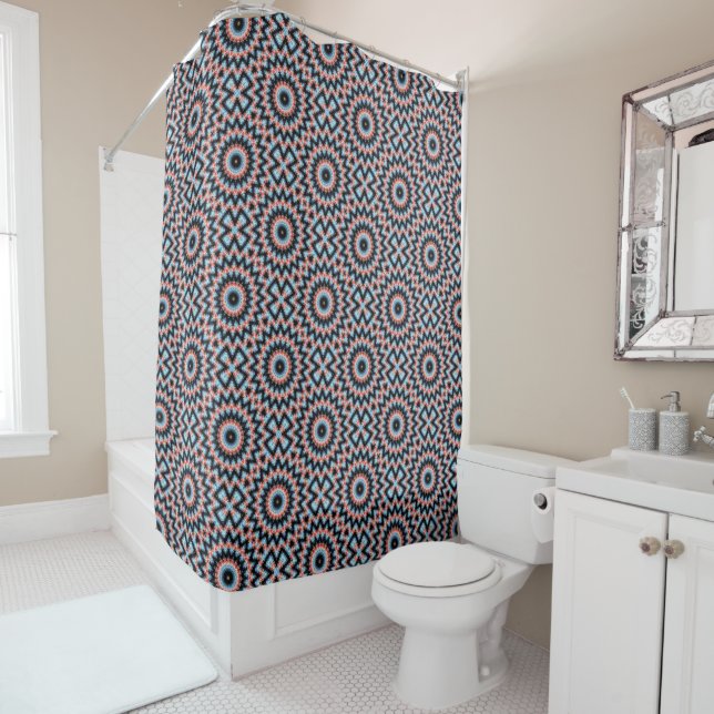 Rideaux De Douche Étoile mandala noire, bleue et rouge (En situation)