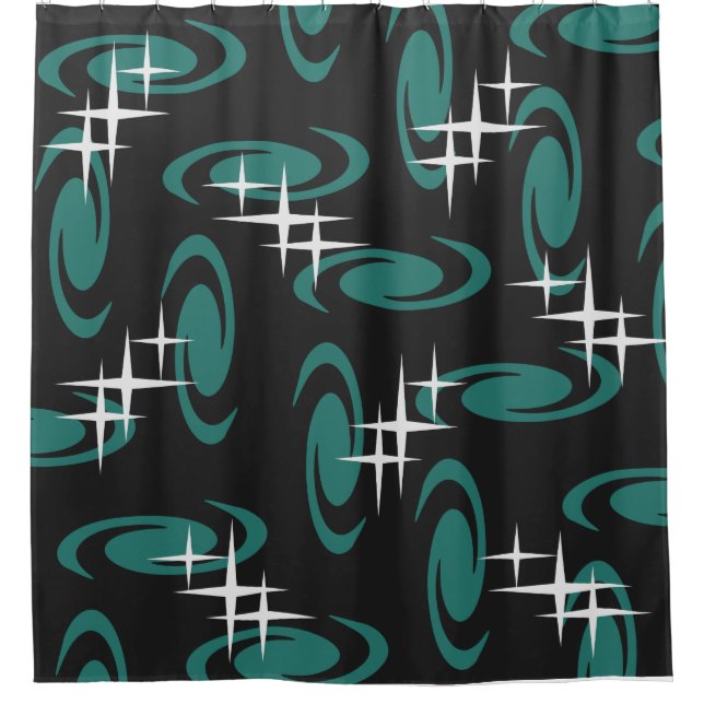 Rideaux De Douche Étoiles de l'âge atomique Motif noir Turquoise (Devant)