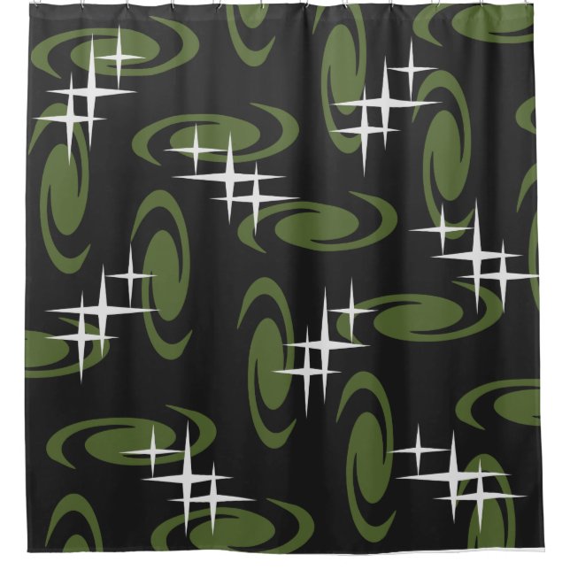 Rideaux De Douche Étoiles de l'âge atomique Motif noir vert olive (Devant)