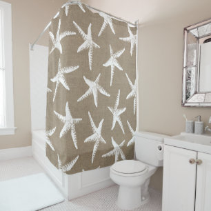 Rideaux De Douche Étoiles de mer et toile de jute blanches côtièr