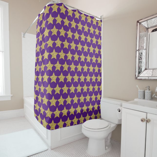 Rideaux De Douche Etoiles de Parties scintillant d'or violet (En situation)