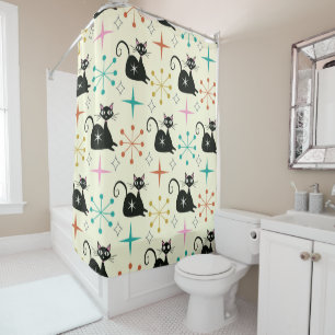 Rideaux De Douche Étoiles du milieu du siècle avec chat atomique noi